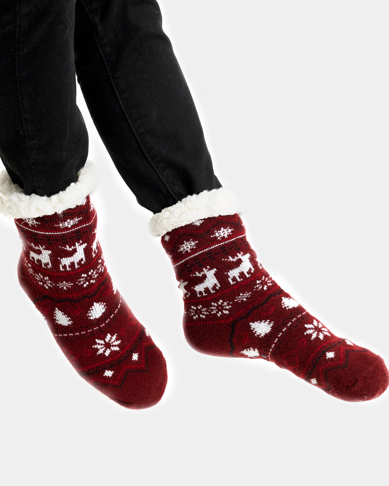Burgundy Rubber Sole Christmas Socks with Reindeers Womens and Mens