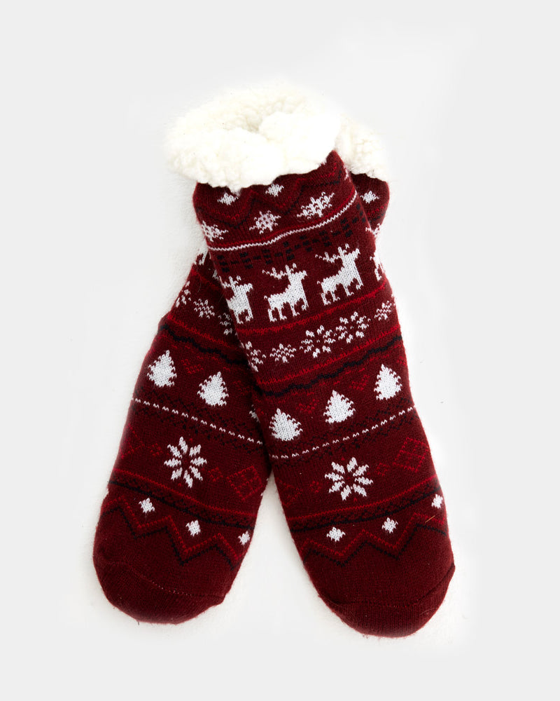 Burgundy Rubber Sole Christmas Socks with Reindeers