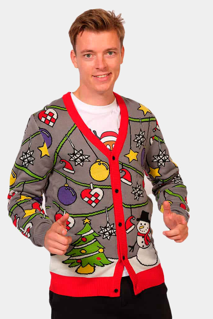 Cardigan Christmas Jumper with Tree and Snowman Mens