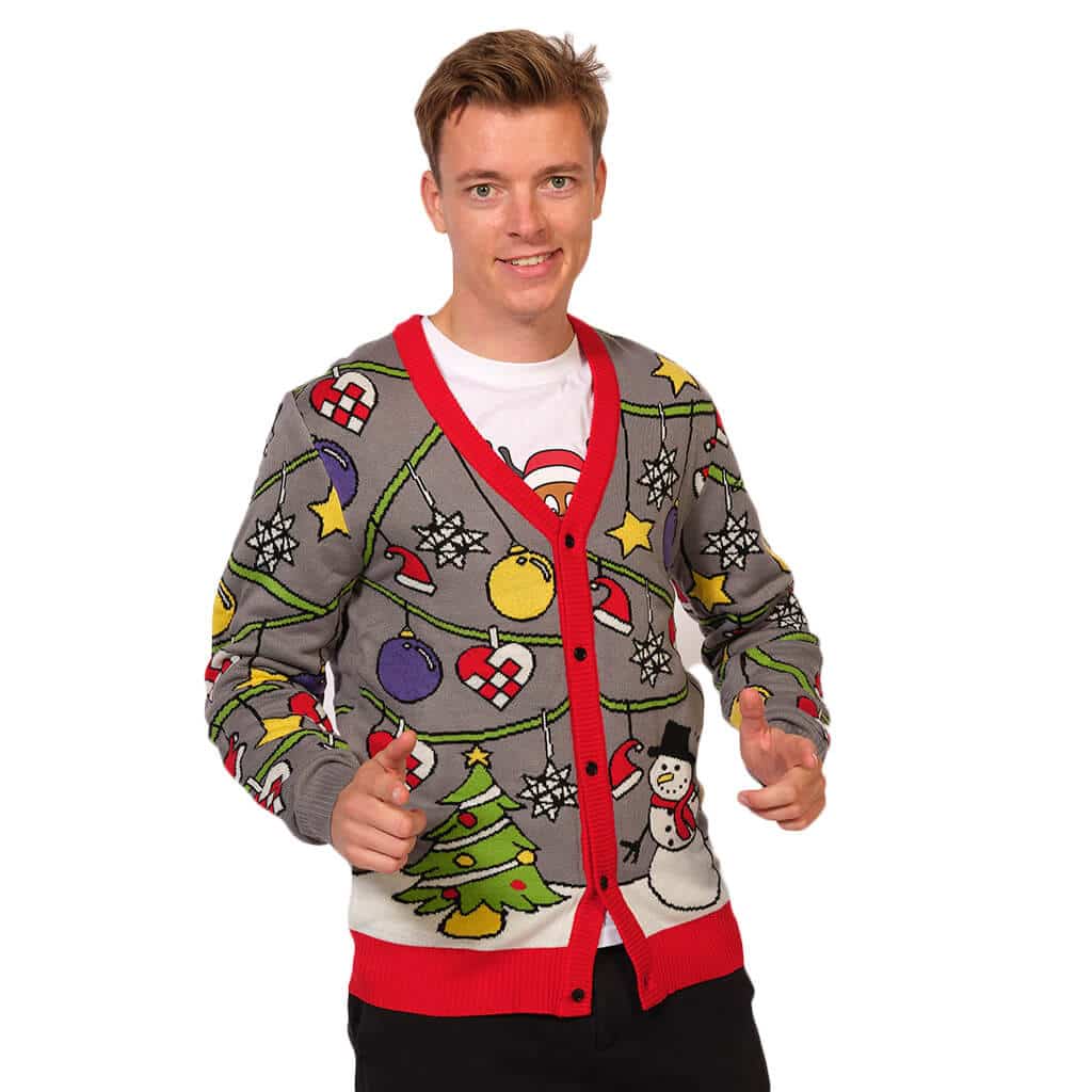 Cardigan Christmas Jumper with Tree and Snowman Mens