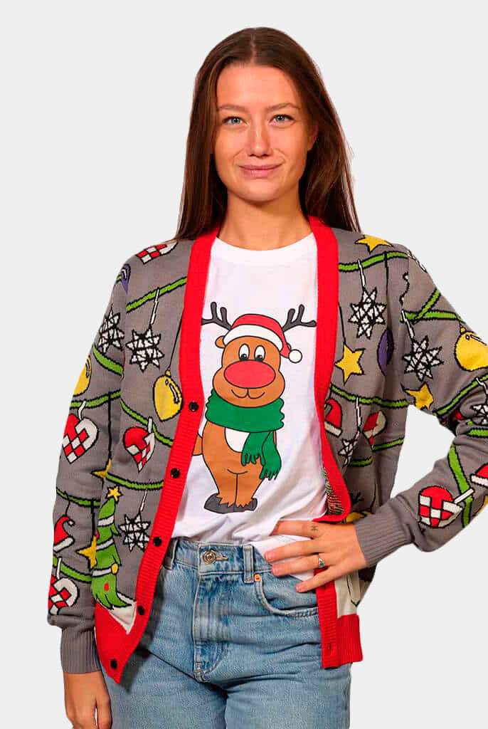 Cardigan Christmas Jumper with Tree and Snowman Womens