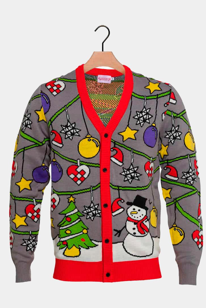 Cardigan Christmas Jumper with Tree and Snowman