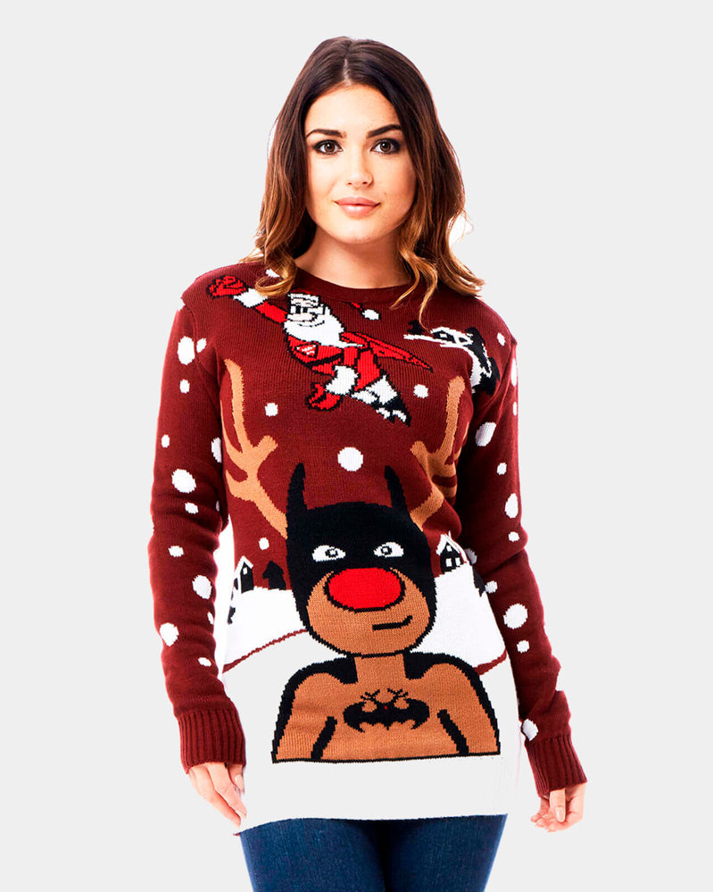 Christmas Jumper with Batman Rudolph and Superman Santa Womens