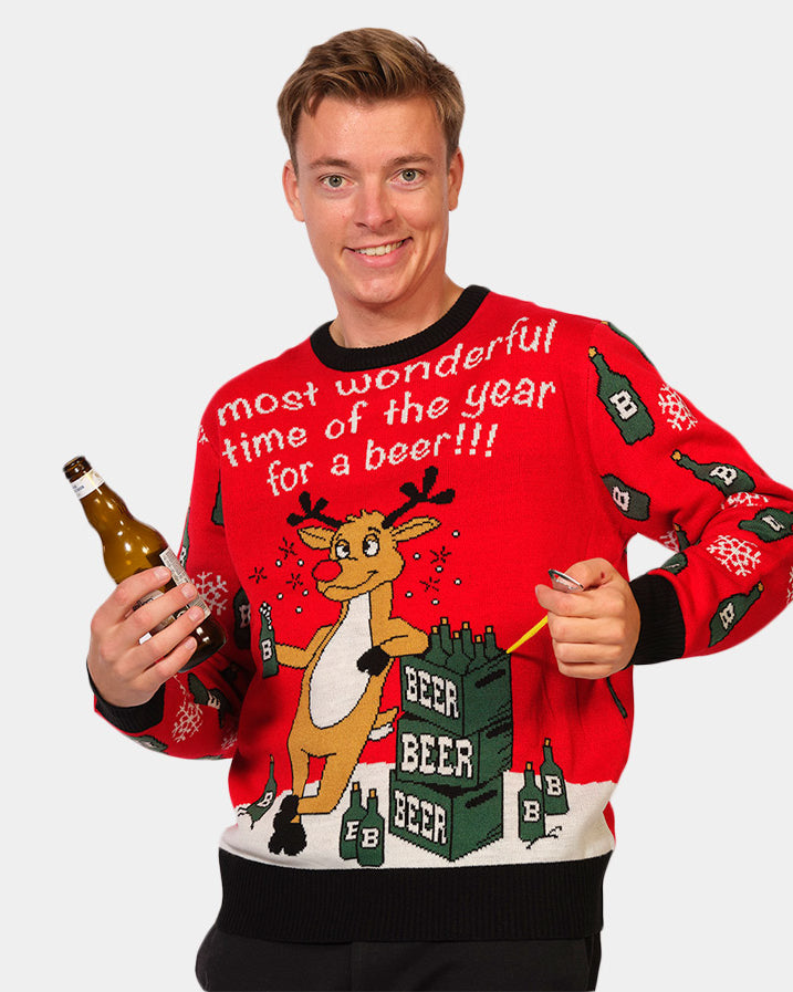 Christmas Jumper with Reindeer + Beer Opener Mens