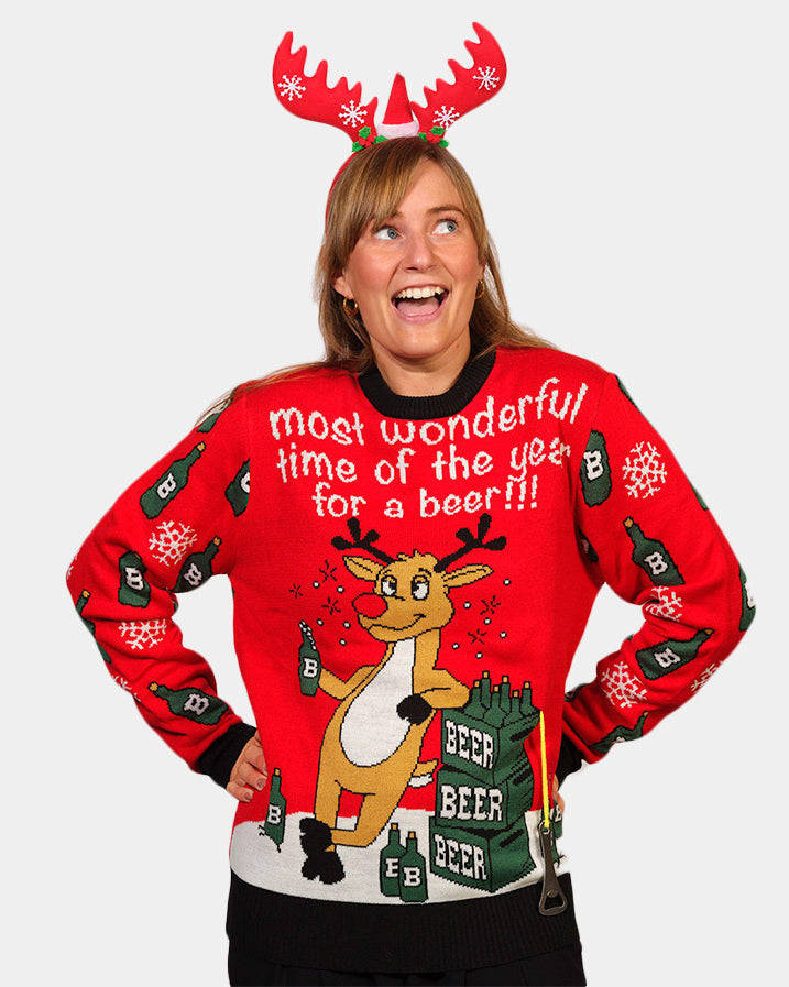 Christmas Jumper with Reindeer + Beer Opener Womens