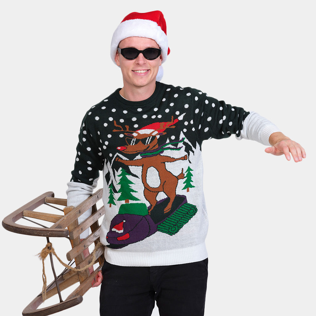 Christmas Jumper with Reindeer on Snowmobile Mens
