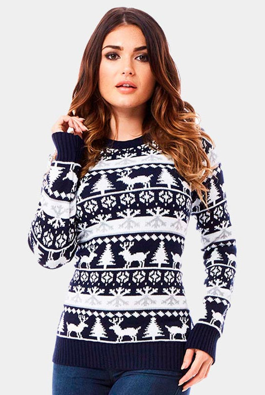 Womens Christmas Jumper with Reindeers and Trees Strips 2021