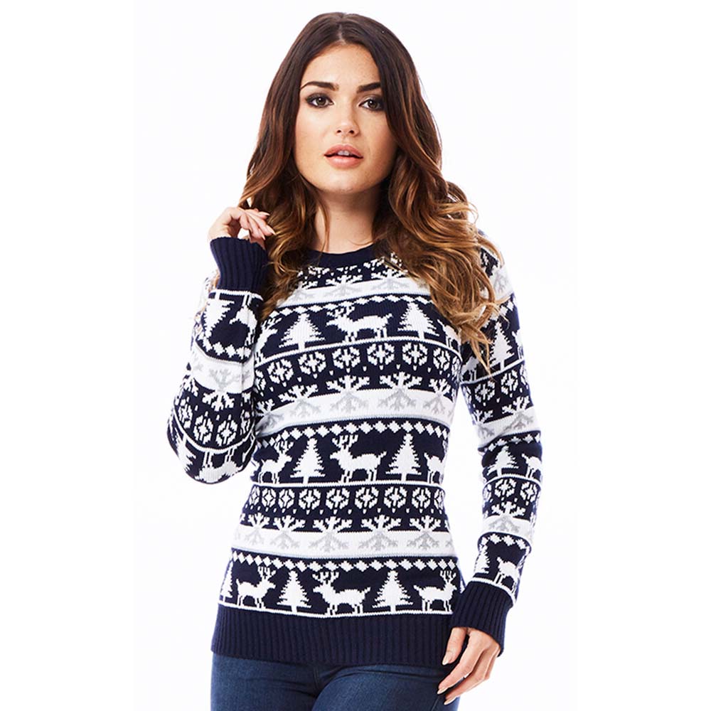 Womens Christmas Jumper with Reindeers and Trees Strips 2021
