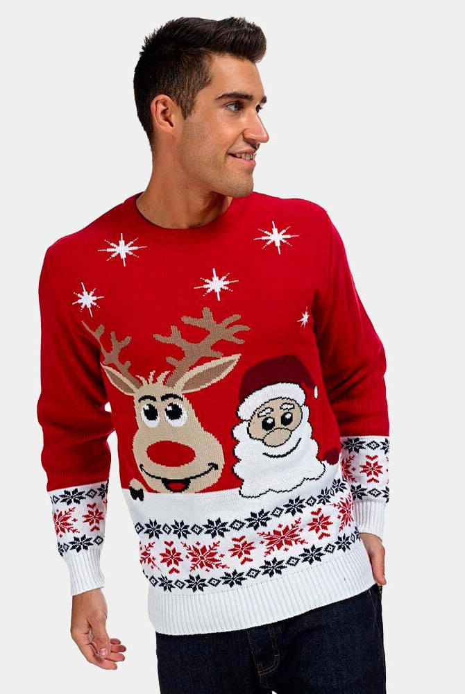 Mens Christmas Jumper with Santa and Rudolph Smiling 2021