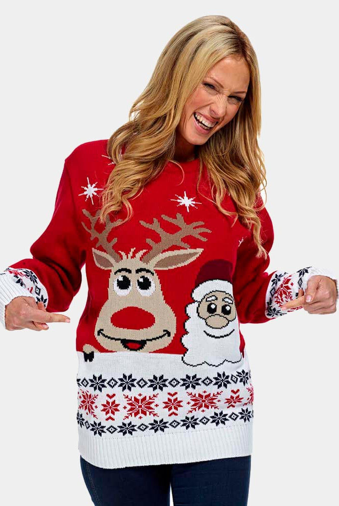 Womens Christmas Jumper with Santa and Rudolph Smiling 2021