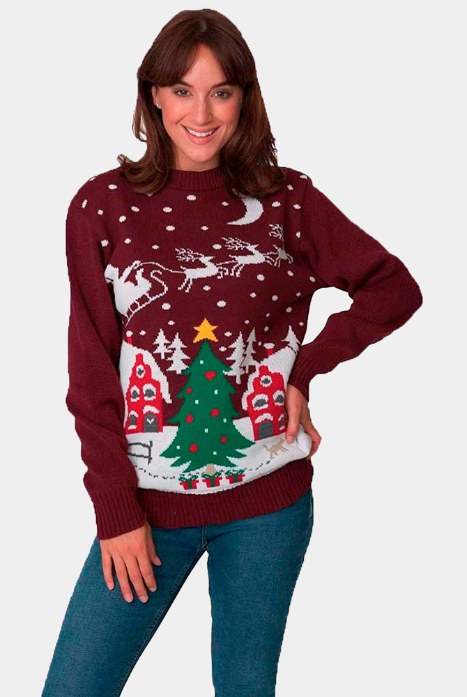 Christmas Jumper Santa on Sleigh and Christmas Tree Womens