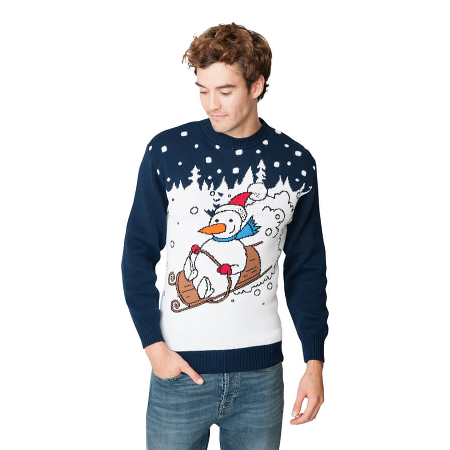 Mens Christmas Jumper with Snowman on Sledge