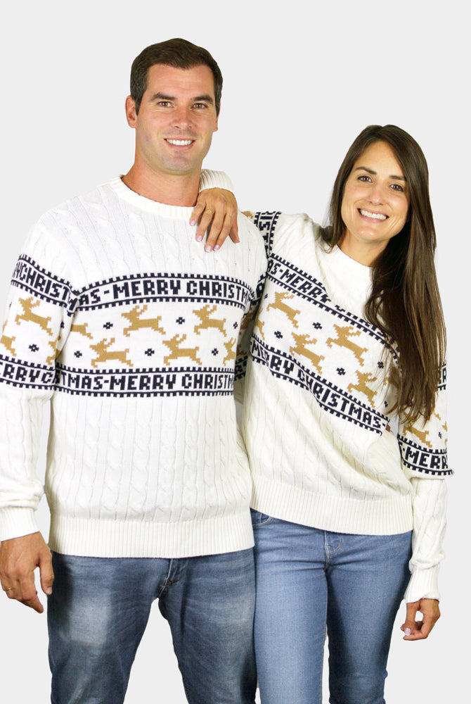 White Classy Christmas Jumper with Reindeers Couples