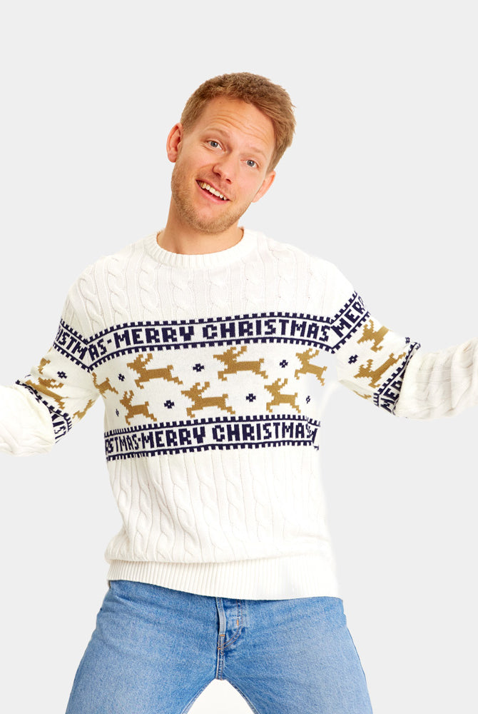 White Classy Christmas Jumper with Reindeers Mens