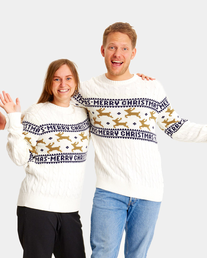 Classy White Family Organic Cotton Christmas Jumper with Reindeers Couple