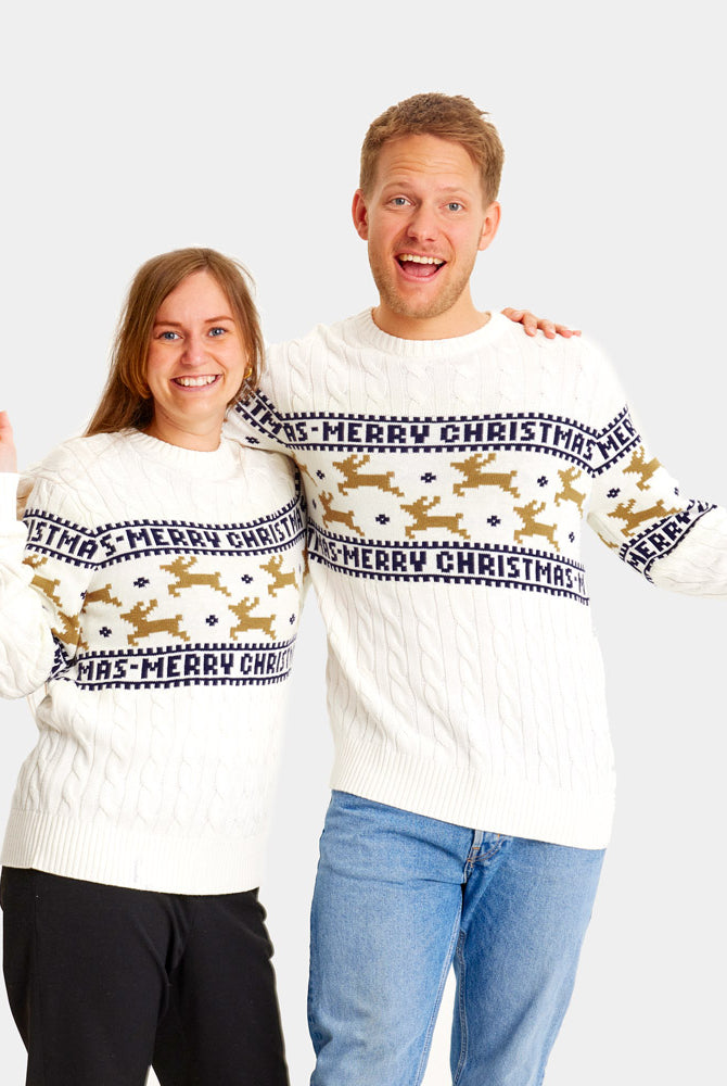 Classy White Family Organic Cotton Christmas Jumper with Reindeers Couple