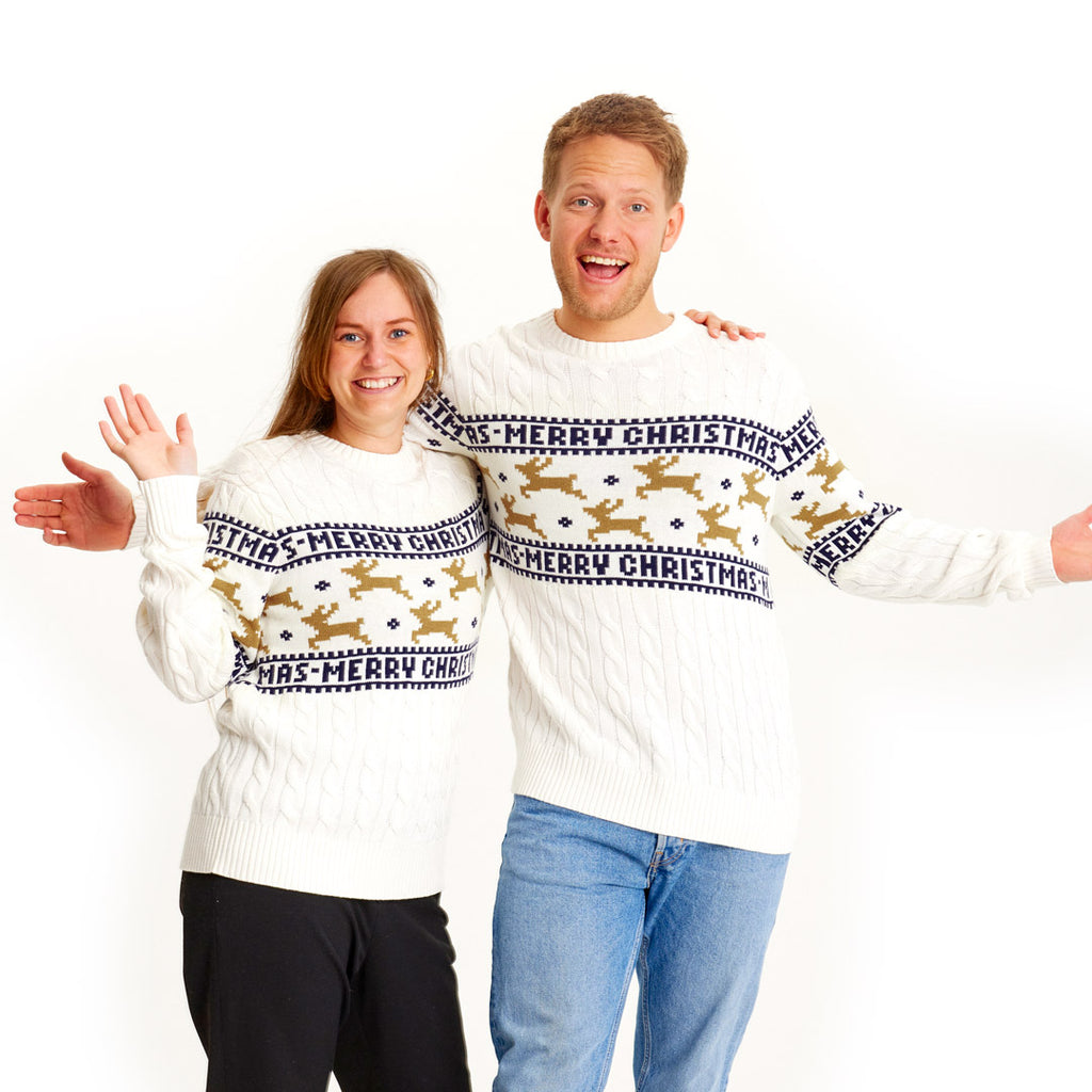 Classy White Family Organic Cotton Christmas Jumper with Reindeers Couple