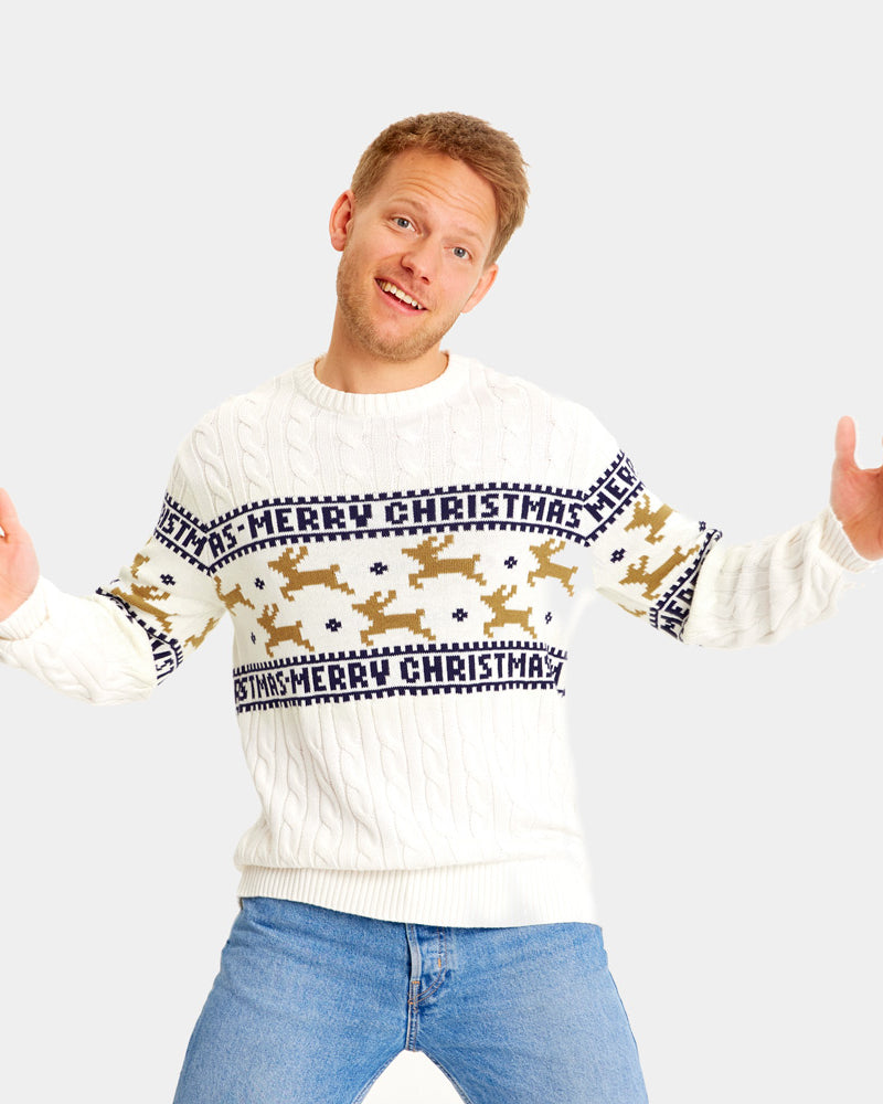 Classy White Organic Cotton Family Christmas Jumper with Reindeers Mens