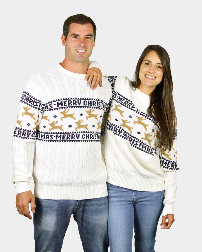 Couple Classy White Organic Cotton Family Organic Cotton Christmas Jumper with Reindeers