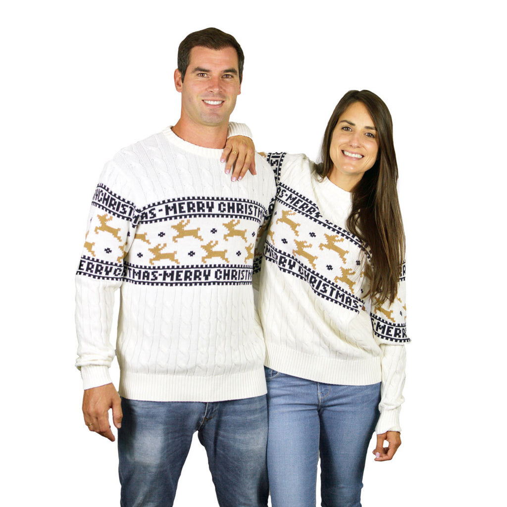 Couple Elegant White Organic Cotton Christmas Jumper with Reindeers