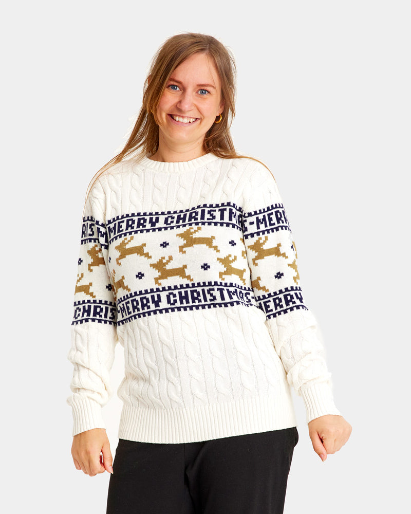 Elegant White Organic Cotton Christmas Jumper with Reindeers Womens