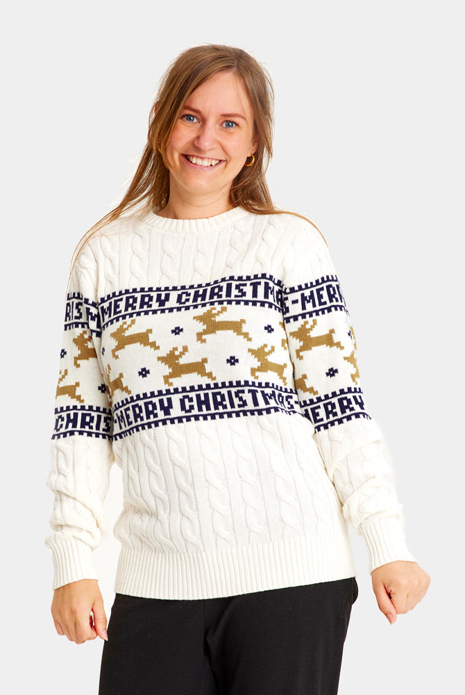 Elegant White Organic Cotton Christmas Jumper with Reindeers Womens