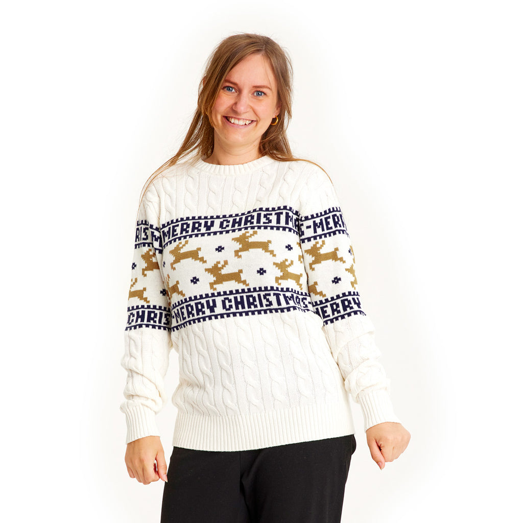 Elegant White Organic Cotton Christmas Jumper with Reindeers Womens