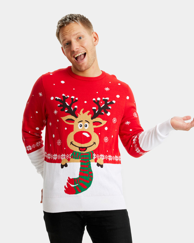Mens Family Christmas Jumper with Reindeer with Scarf