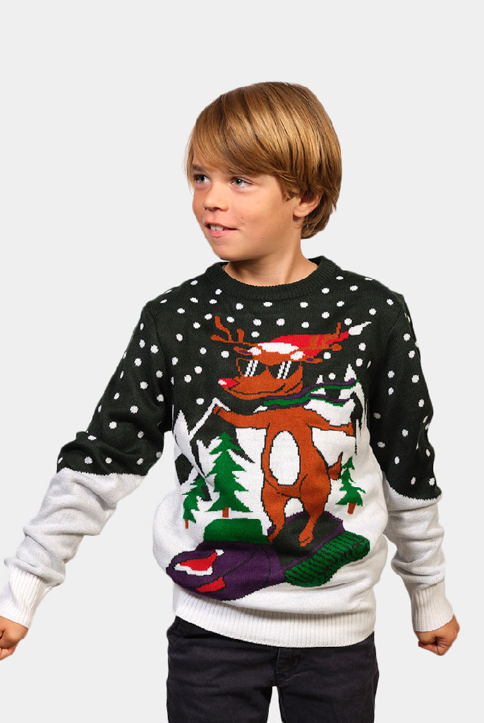 Boys Family Christmas Jumper with Reindeer on Snowmobile