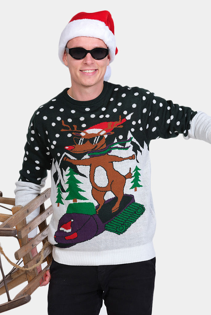 Mens Family Christmas Jumper with Reindeer on Snowmobile