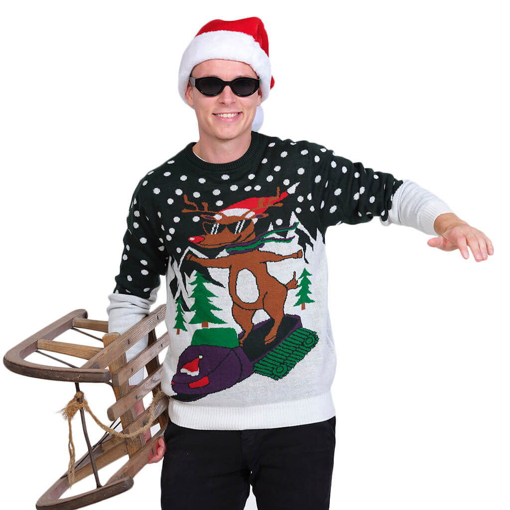 Mens Family Christmas Jumper with Reindeer on Snowmobile