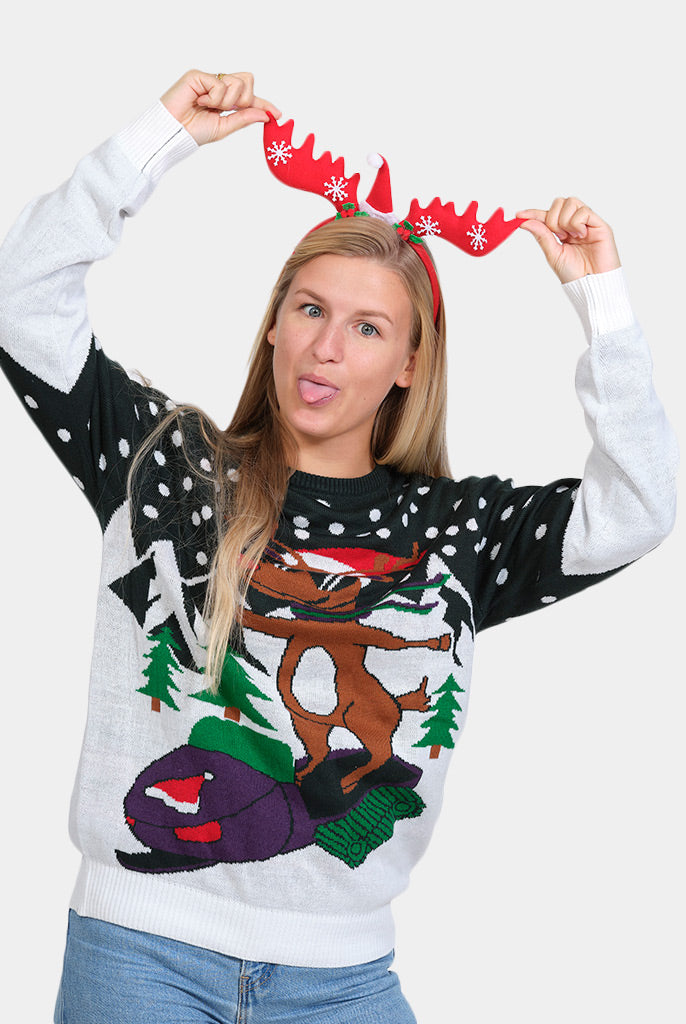 Womens Family Christmas Jumper with Reindeer on Snowmobile