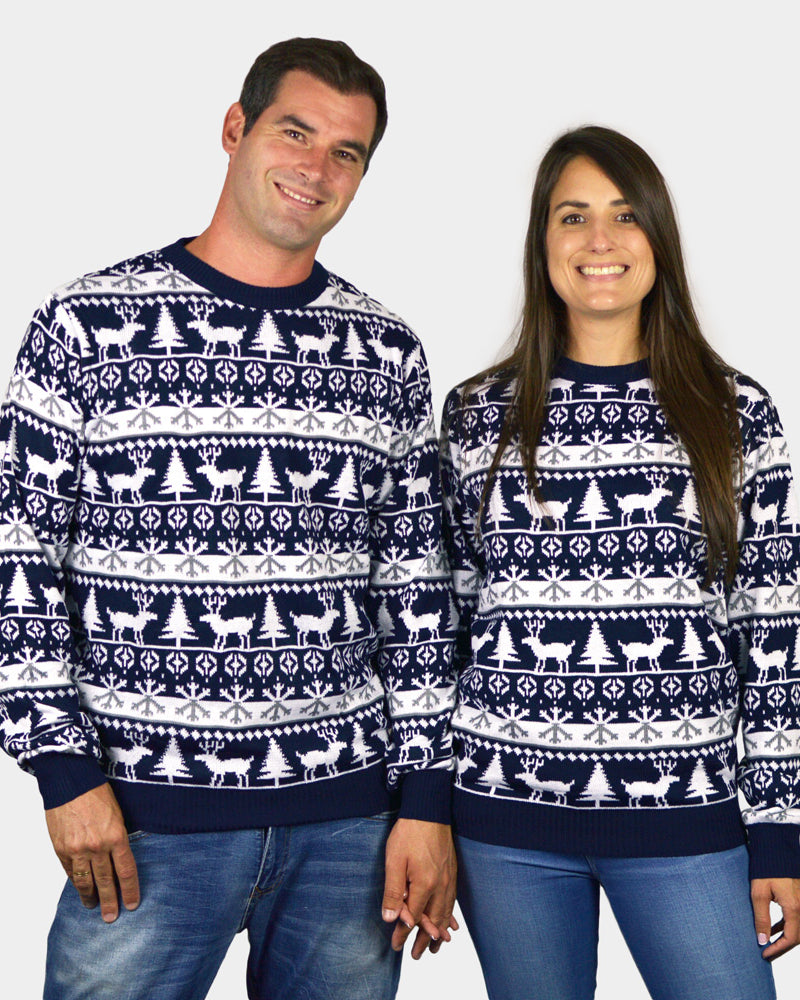 Family Christmas Jumper with Reindeers and Trees Strips couple