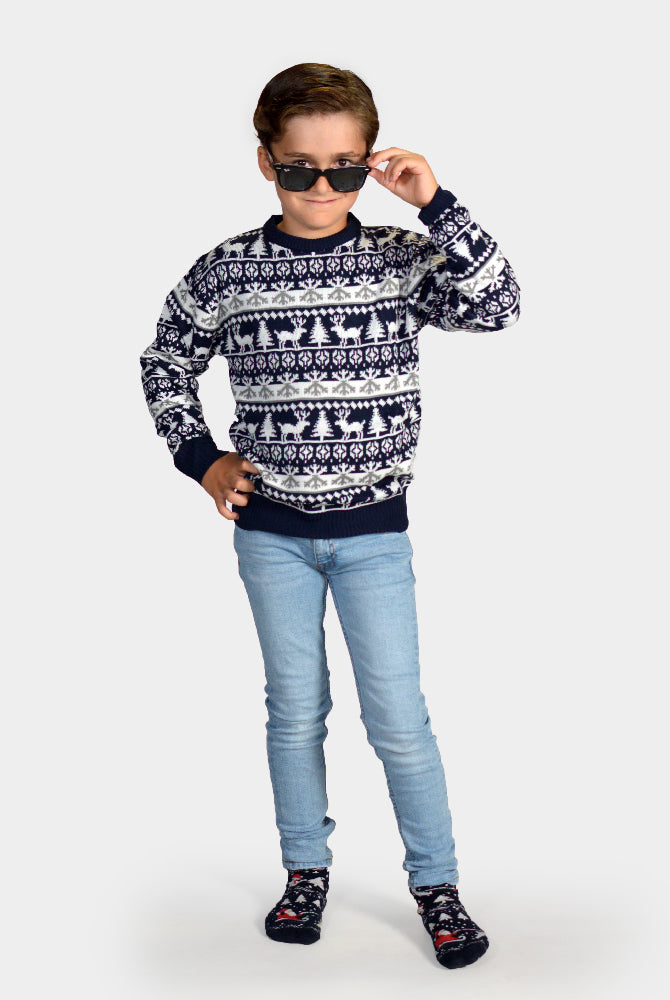 Family Christmas Jumper with Reindeers and Trees Strips Kids