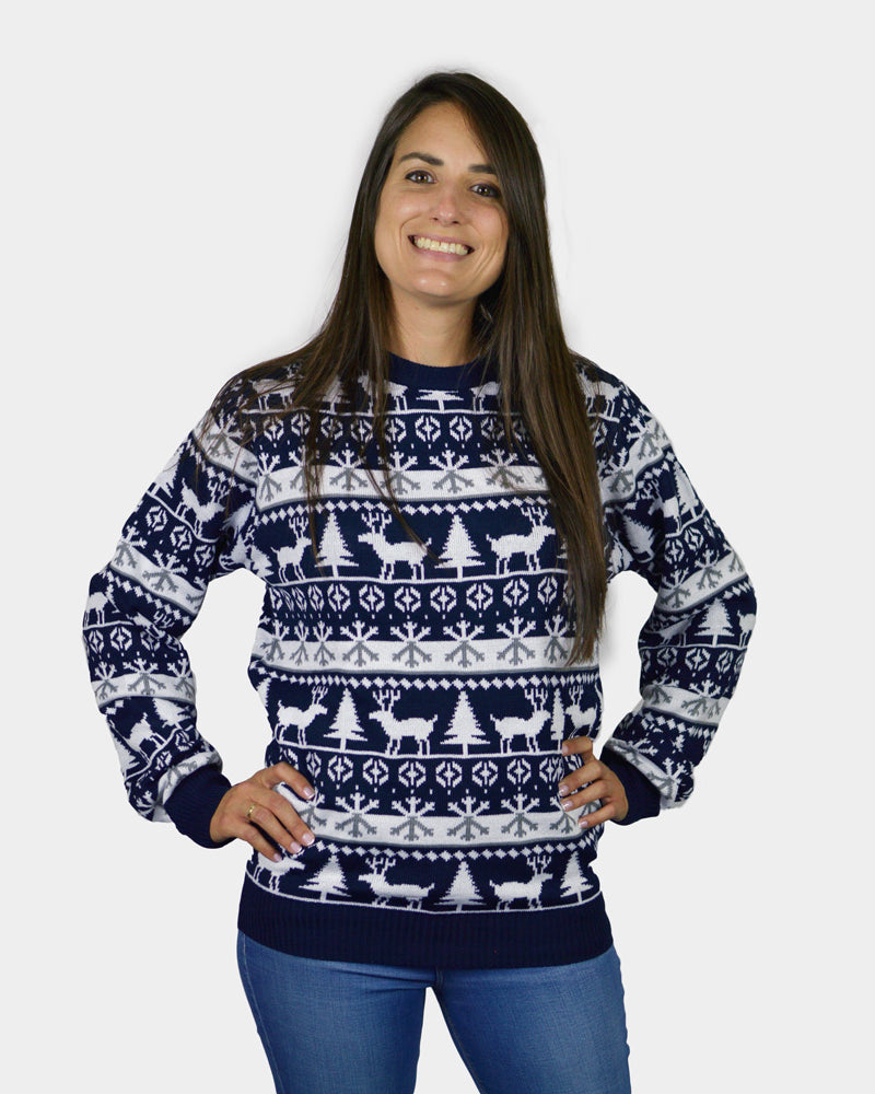 Family Christmas Jumper with Reindeers and Trees Strips Womens