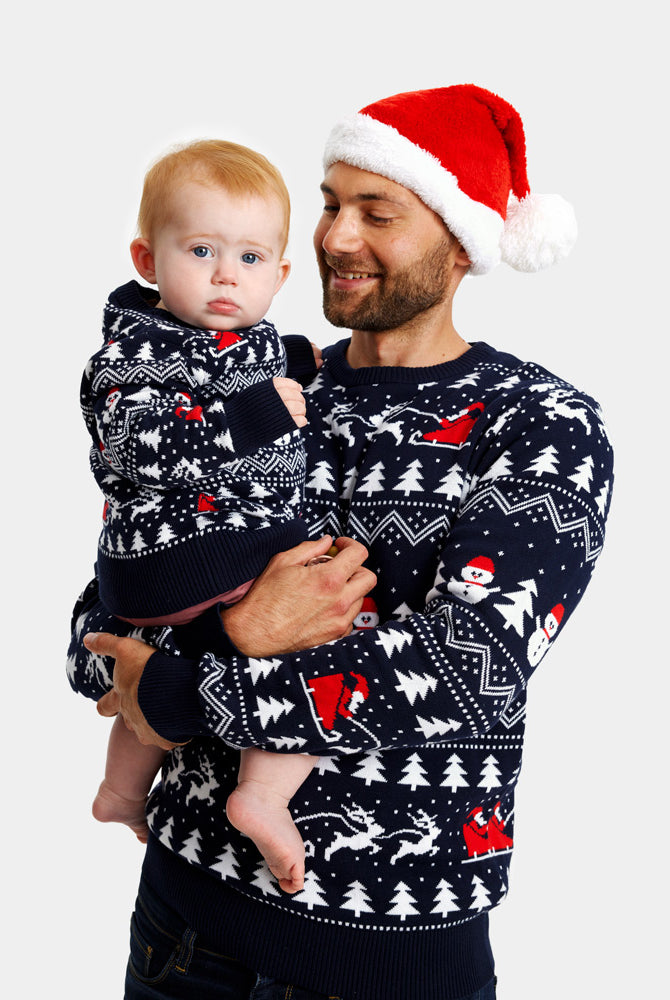 Organic Cotton Family Christmas Jumper with Trees, Snowmens and Santa
