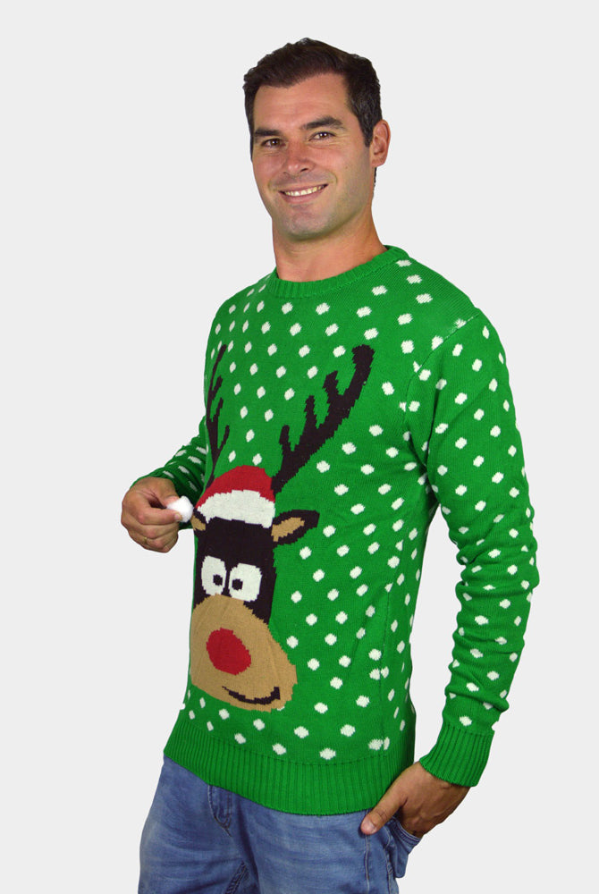 Green 3D Christmas Jumper Reindeer with Santa's hat Mens