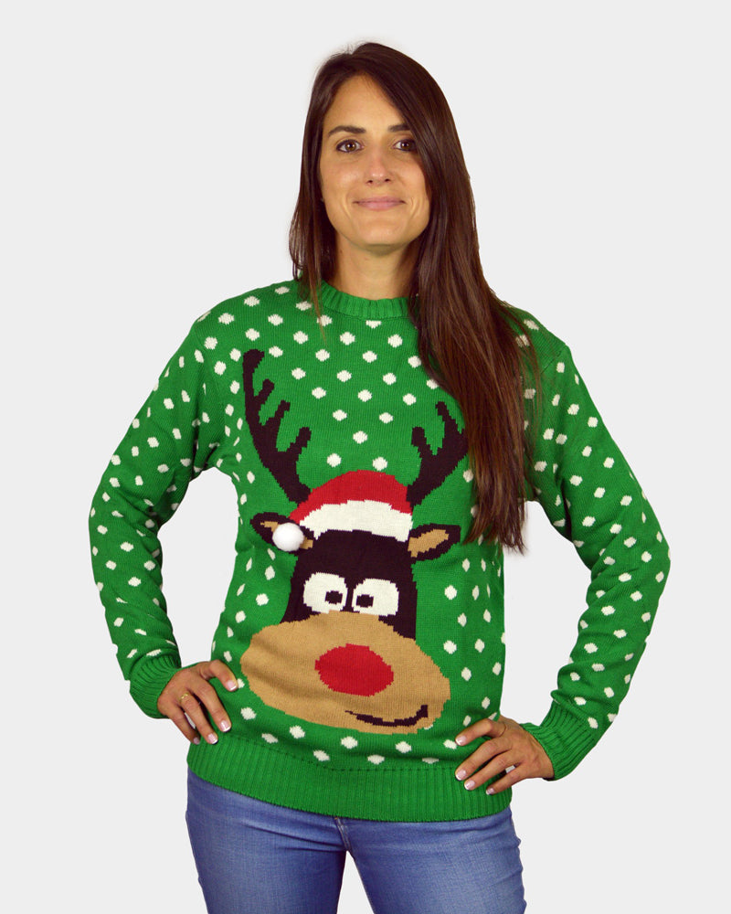 Green 3D Christmas Jumper Reindeer with Santa's hat womens