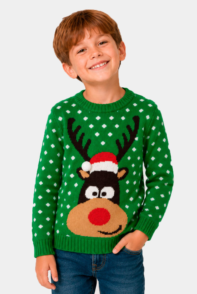 Green 3D Family Christmas Jumper Reindeer with Santa's hat Kids