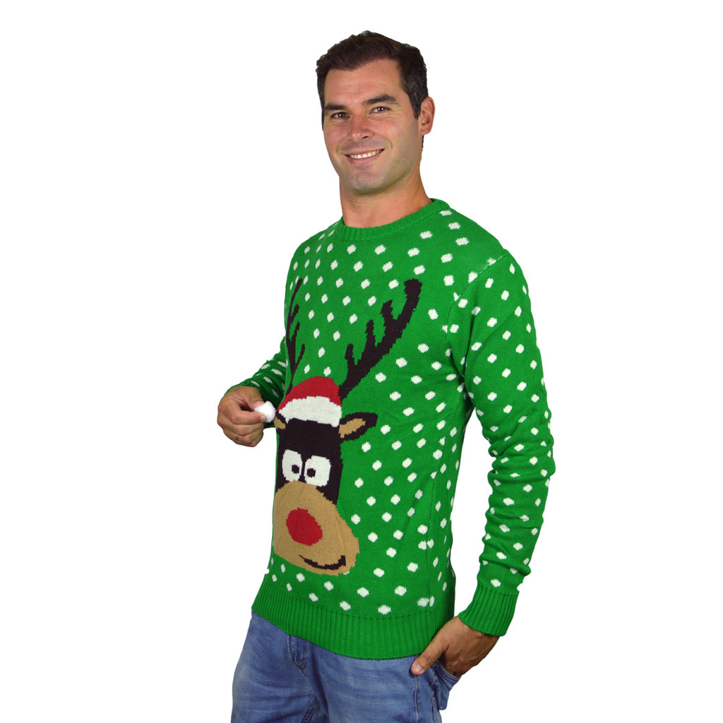 Green 3D Family Christmas Jumper Reindeer with Santa's hat mens