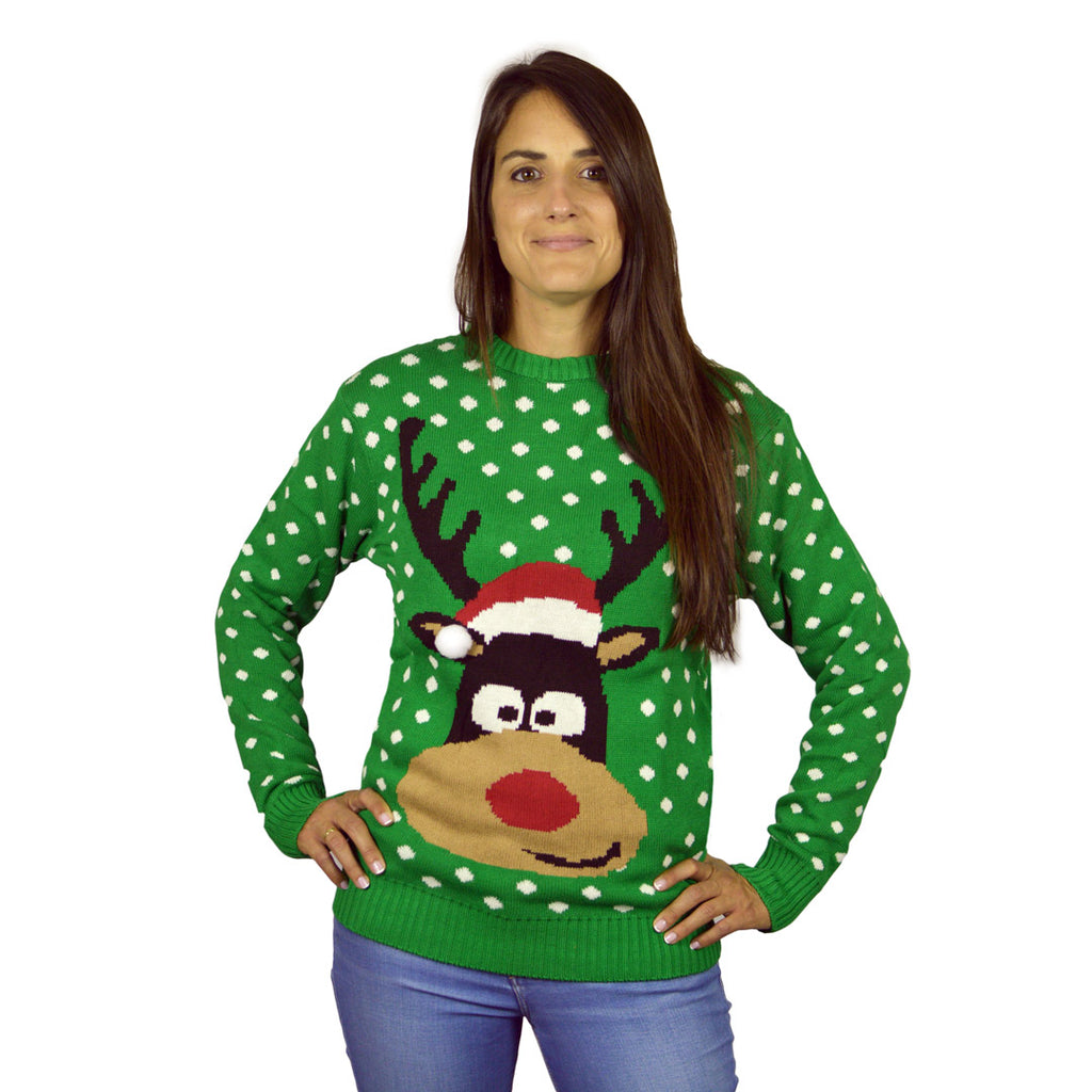 Green 3D Family Christmas Jumper Reindeer with Santa's hat womens