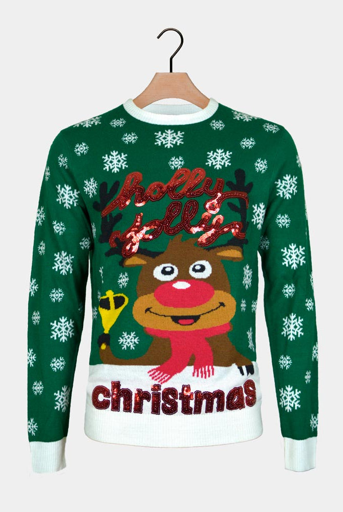 Green Boys and Girls Christmas Jumper Holly Jolly with Sequins