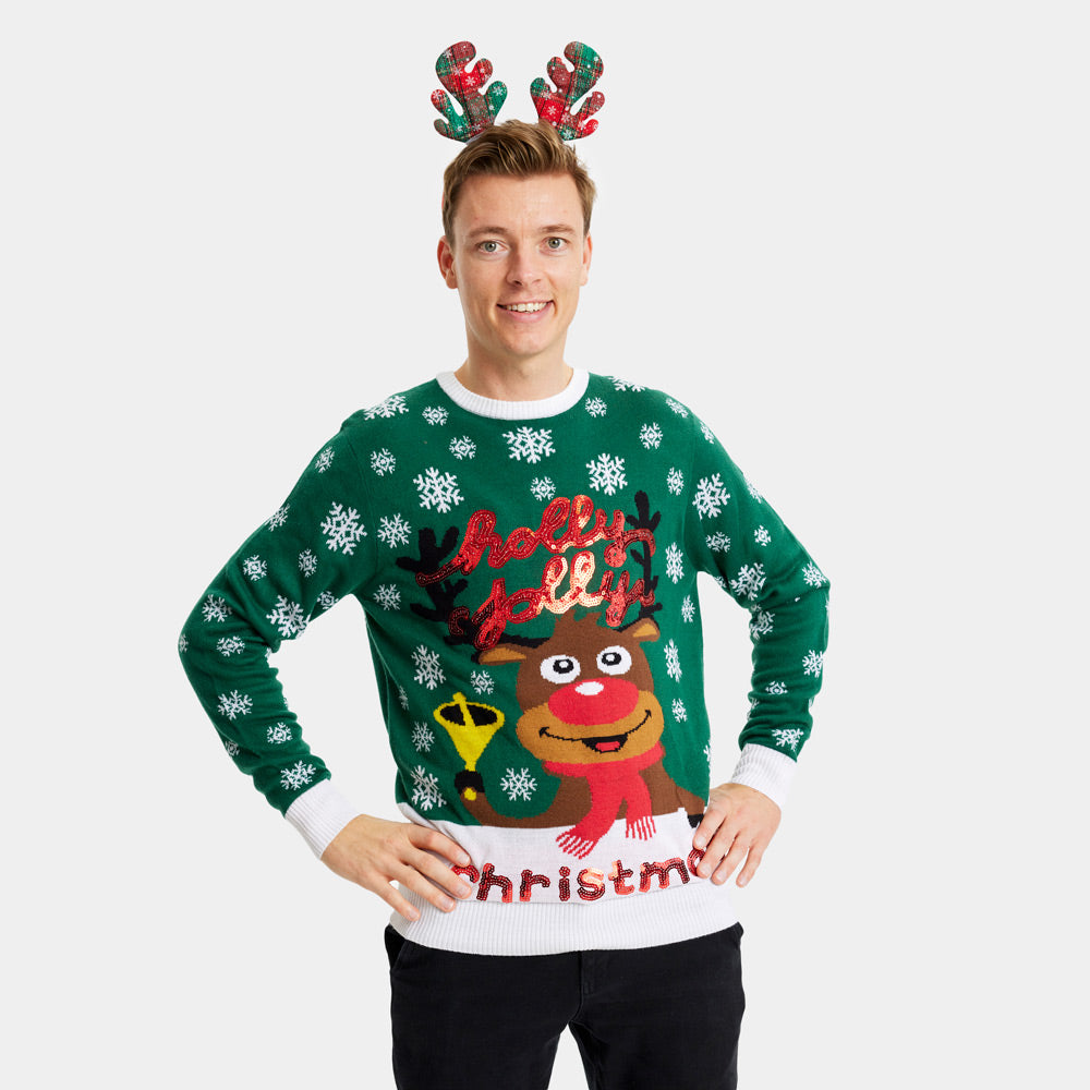 Green Christmas Jumper Holly Jolly with Sequins Mens