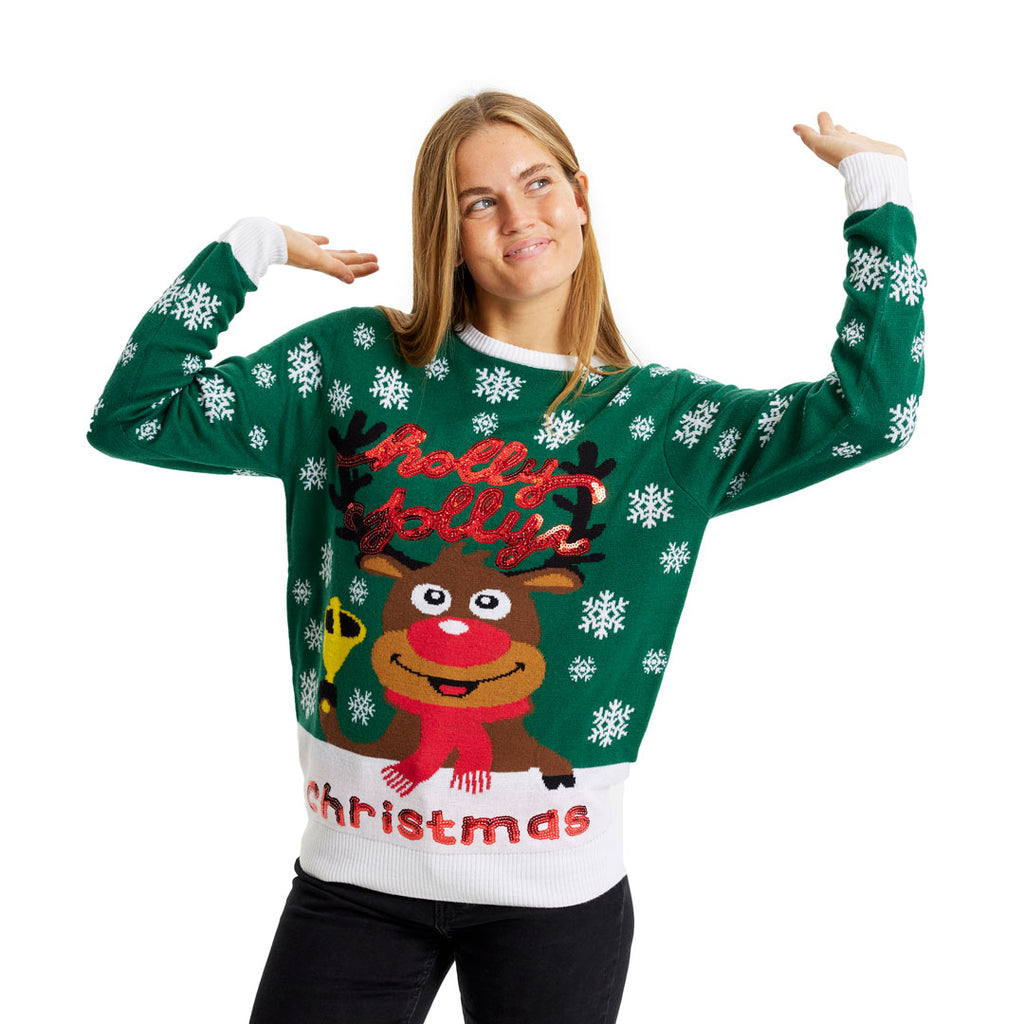 Green Christmas Jumper Holly Jolly with Sequins Womens