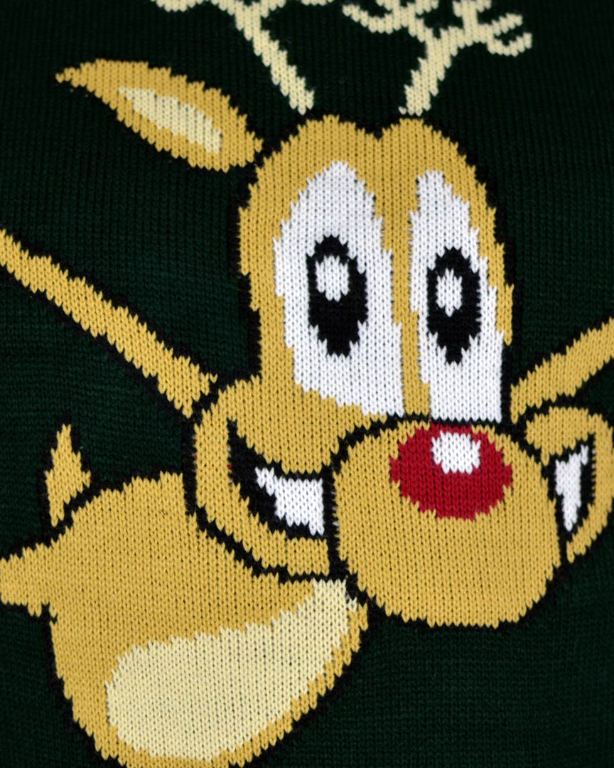Green Christmas Jumper with skating Reindeer Detail