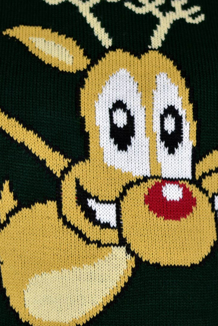 Green Christmas Jumper with skating Reindeer Detail