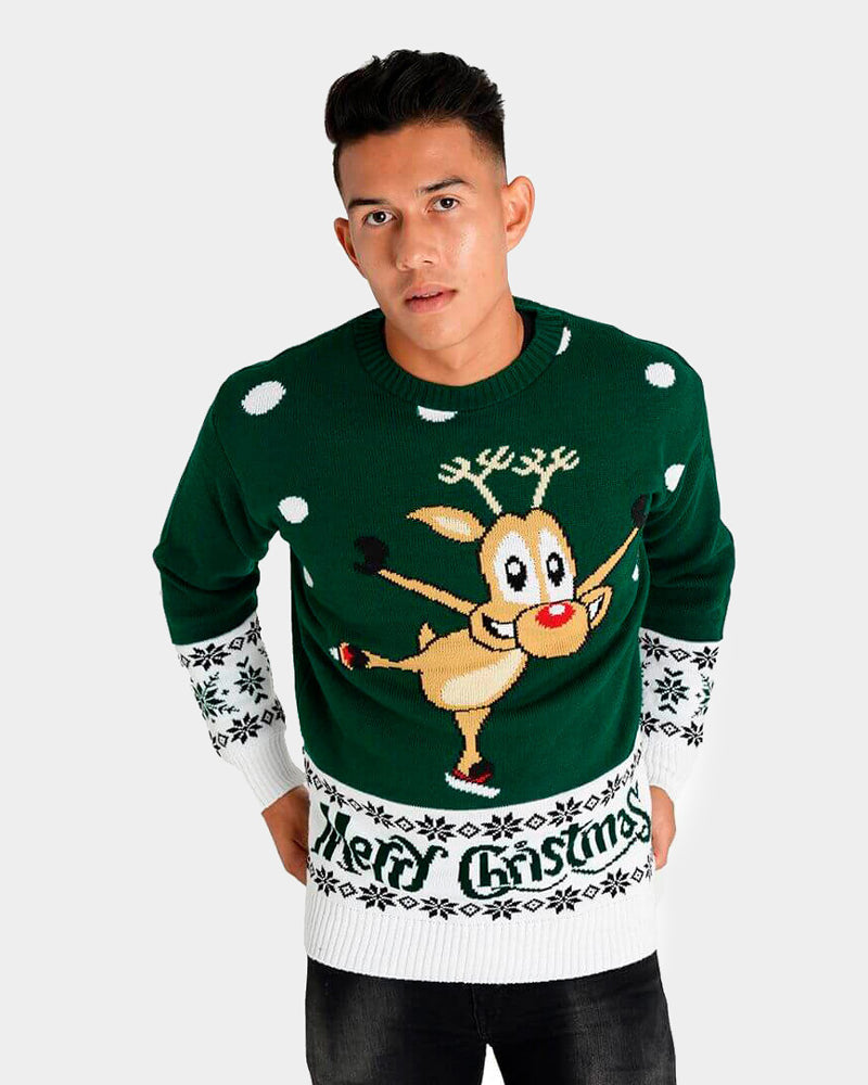 Green Christmas Jumper with skating Reindeer Mens