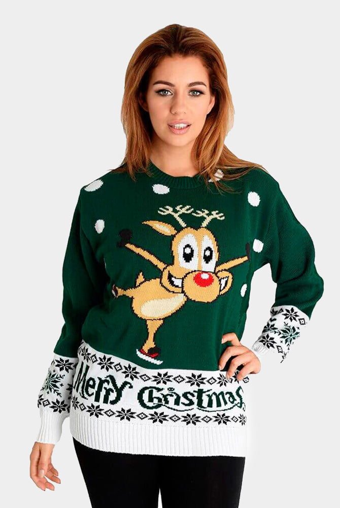 Green Christmas Jumper with skating Reindeer Womens