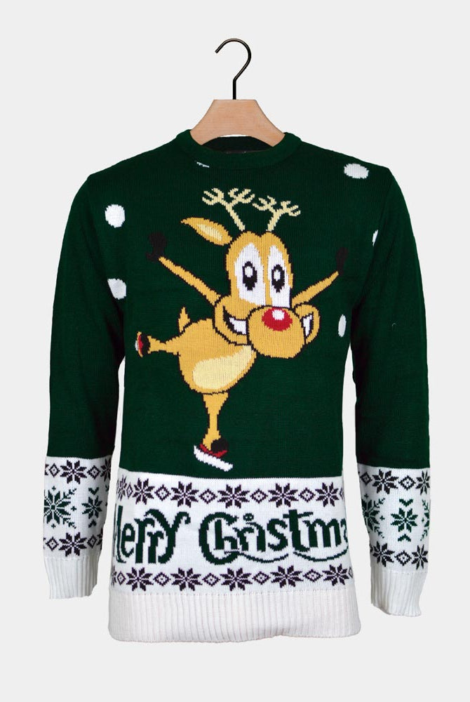 Green Christmas Jumper with skating Reindeer