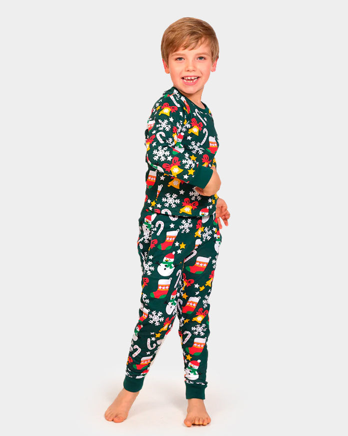 Green Christmas Pyjama for Family with Christmas motifs kids